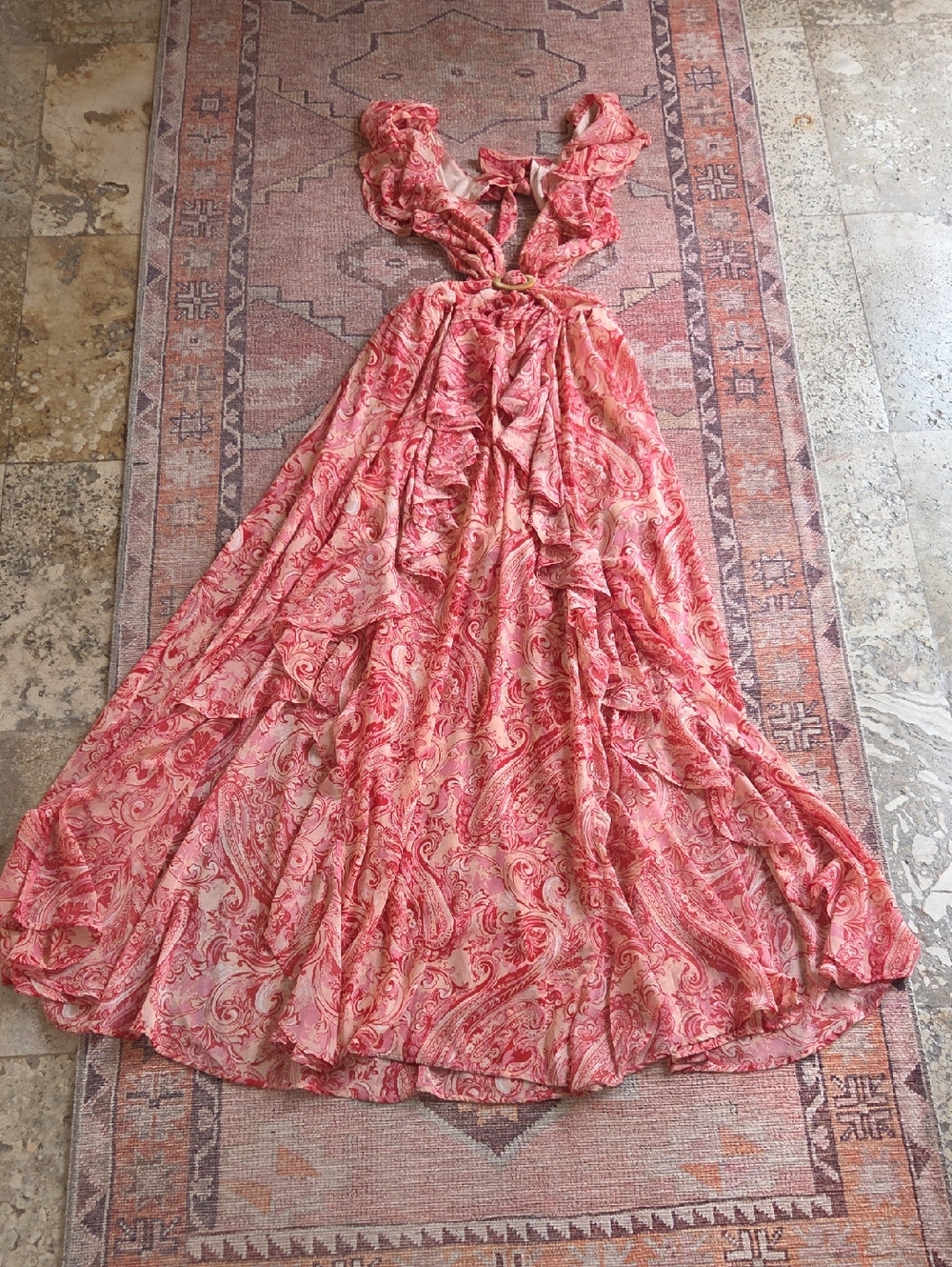 Aakaa Coral Pink Paisley Ruffle Maxi Resortwear Dress